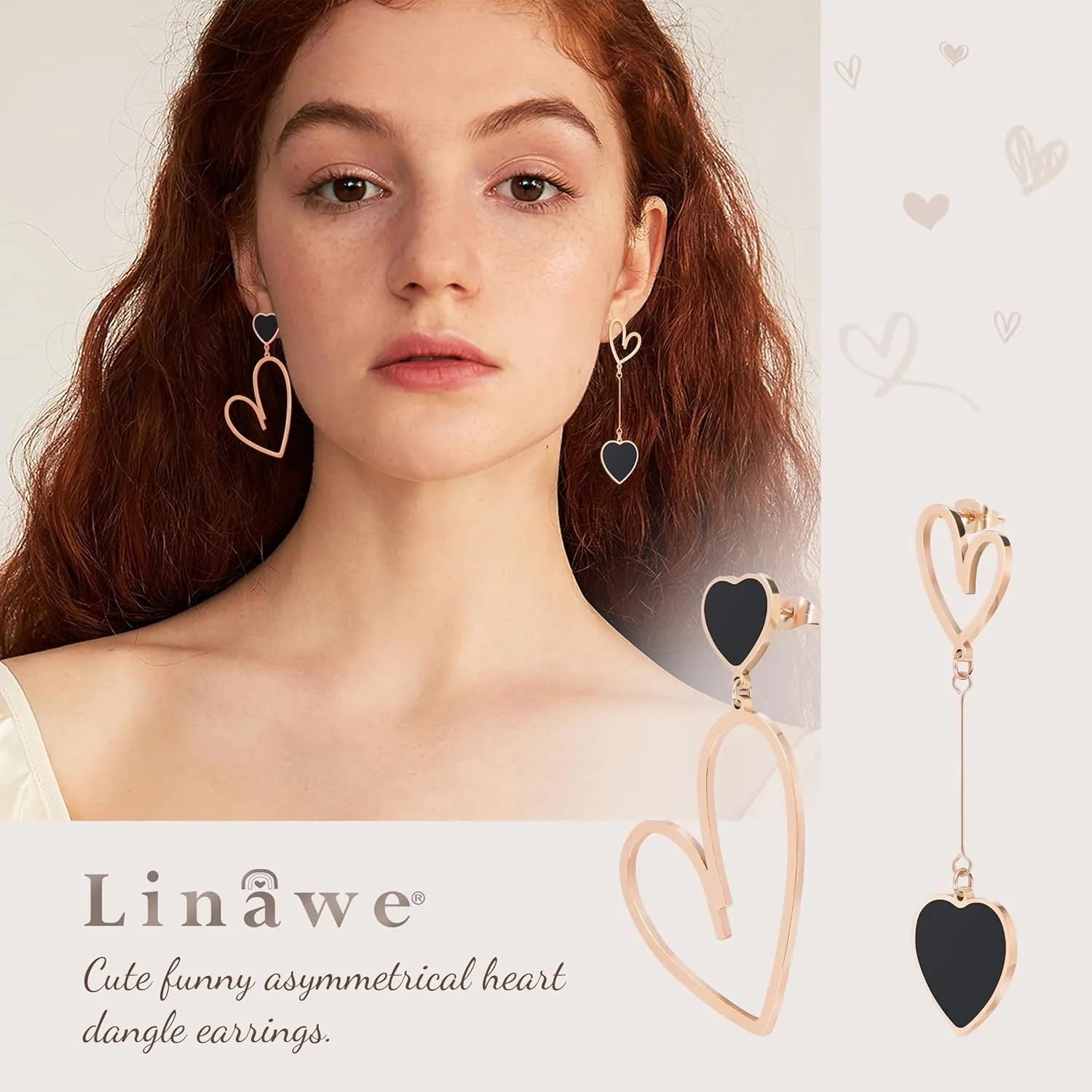 Linawe Titanium Stainless Steel Heart Dangle Earrings for Women - Trendy, Gold/Silver/Rose Gold Big Drop, Mismatched Love, Asymmetrical