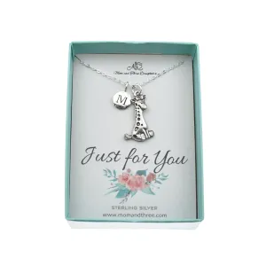 Little Girl's Giraffe Necklace in Silver Pewter Personalized with Sterling Silver Initial Charm on a Sterling Silver Cable Chain.