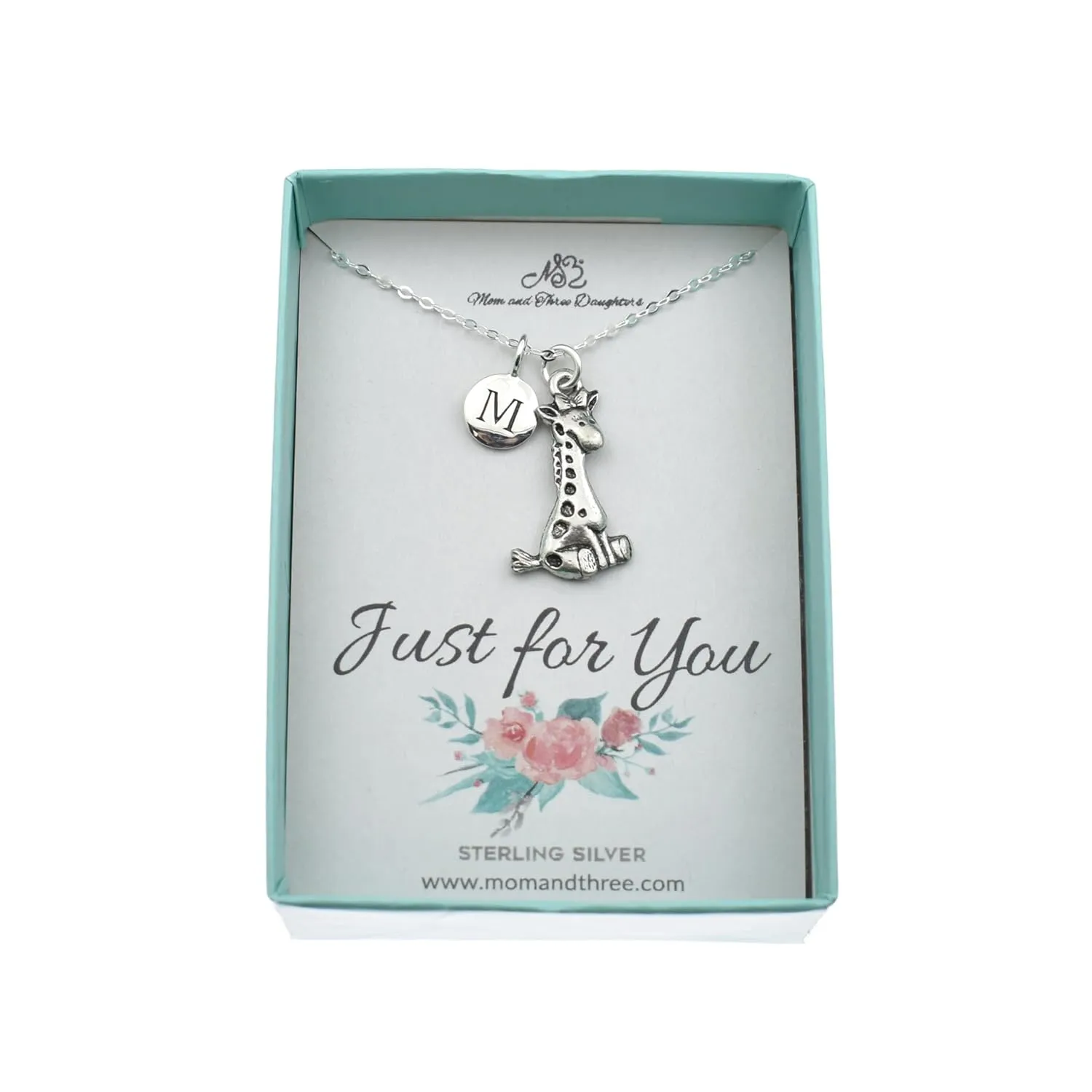 Little Girl's Giraffe Necklace in Silver Pewter Personalized with Sterling Silver Initial Charm on a Sterling Silver Cable Chain.