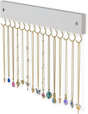 Lolalet Wooden Necklace Holder for Wall with 15 Hooks, Necklaces Hanger Easy Install Wall Mount Necklace Organizer, Jewelry Hangers for Chains, Bracelets, Earrings -Goldwhite