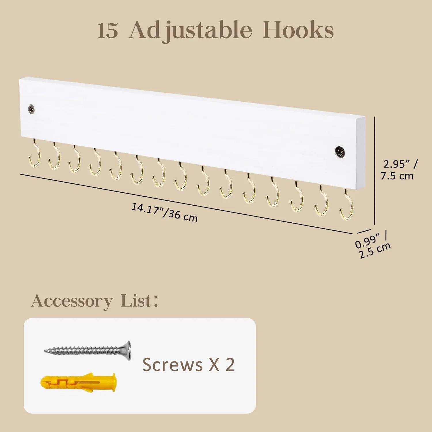 Lolalet Wooden Necklace Holder for Wall with 15 Hooks, Necklaces Hanger Easy Install Wall Mount Necklace Organizer, Jewelry Hangers for Chains, Bracelets, Earrings -Goldwhite