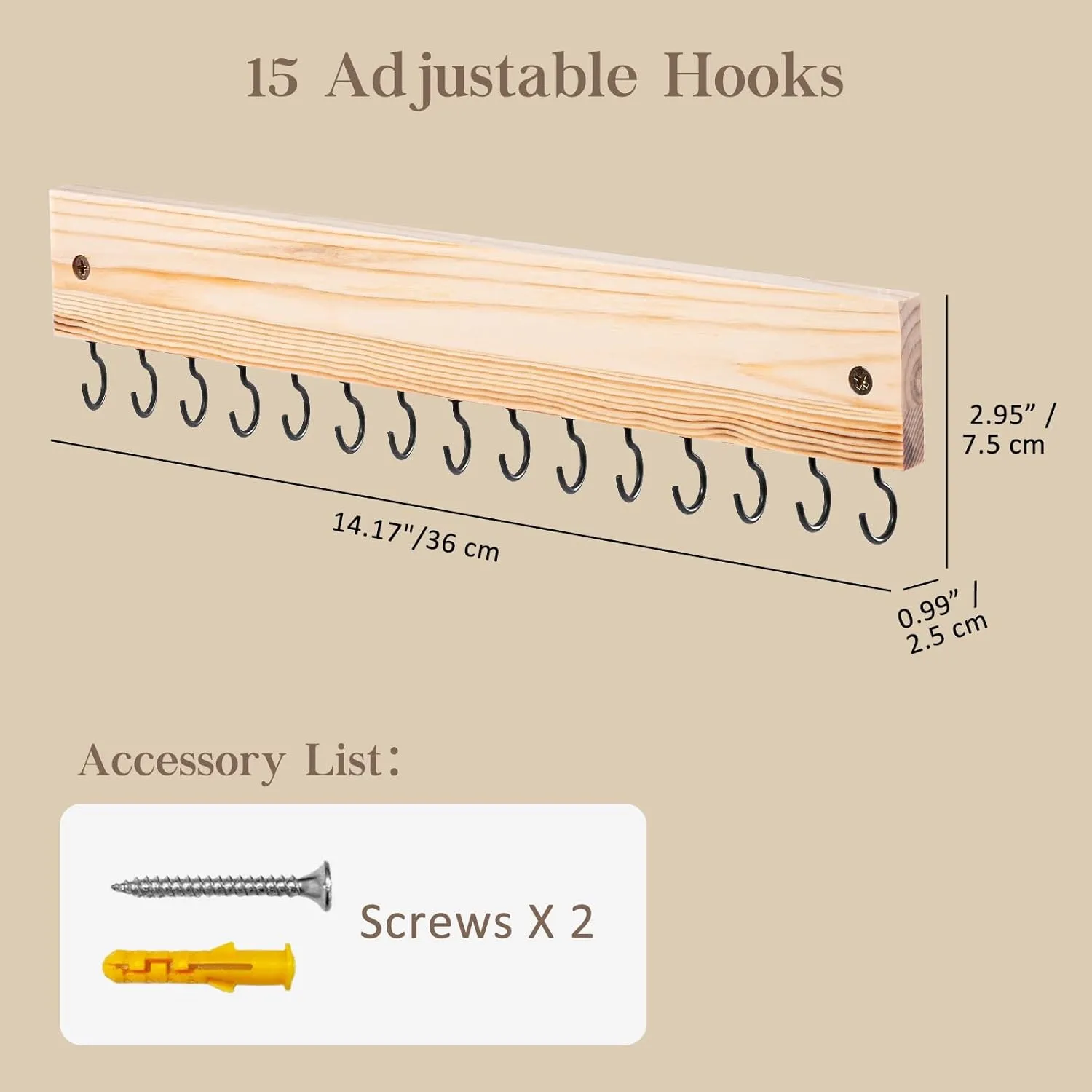Lolalet Wooden Necklace Holder for Wall with 15 Hooks, Necklaces Hanger Easy Install Wall Mount Necklace Organizer, Jewelry Hangers for Chains, Bracelets, Earrings -Nature