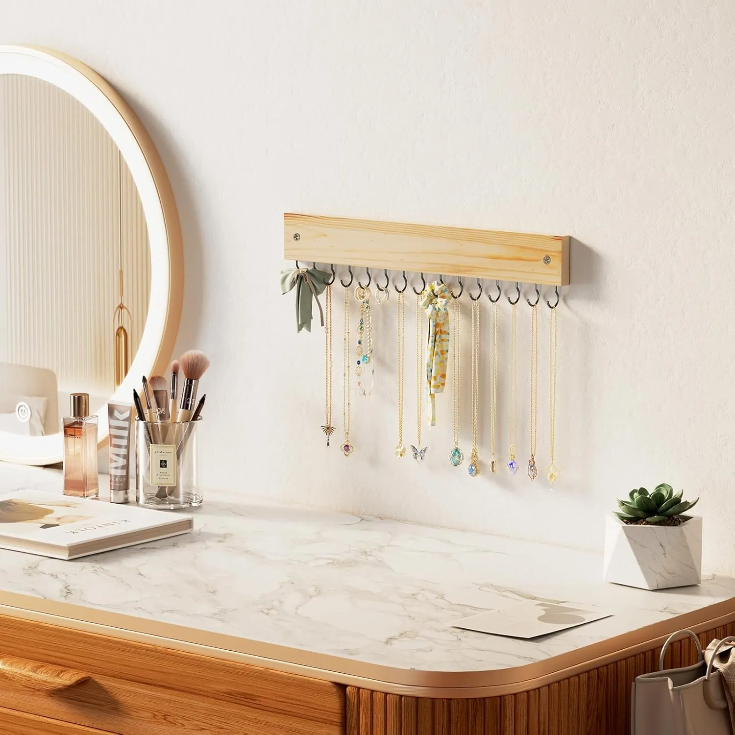 Lolalet Wooden Necklace Holder for Wall with 15 Hooks, Necklaces Hanger Easy Install Wall Mount Necklace Organizer, Jewelry Hangers for Chains, Bracelets, Earrings -Nature