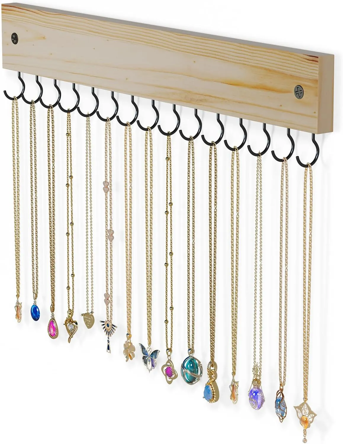 Lolalet Wooden Necklace Holder for Wall with 15 Hooks, Necklaces Hanger Easy Install Wall Mount Necklace Organizer, Jewelry Hangers for Chains, Bracelets, Earrings -Nature
