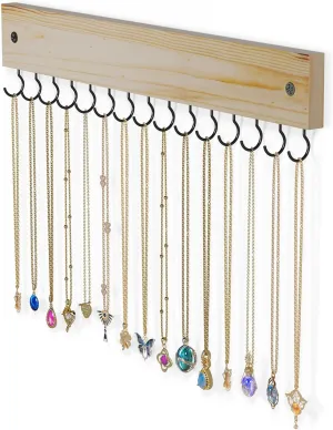 Lolalet Wooden Necklace Holder for Wall with 15 Hooks, Necklaces Hanger Easy Install Wall Mount Necklace Organizer, Jewelry Hangers for Chains, Bracelets, Earrings -Nature