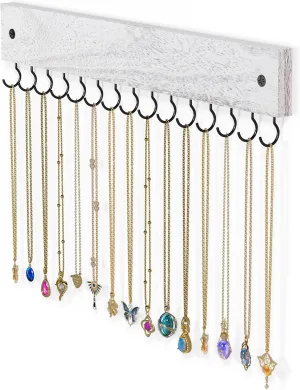 Lolalet Wooden Necklace Holder for Wall with 15 Hooks, Necklaces Hanger Easy Install Wall Mount Necklace Organizer, Jewelry Hangers for Chains, Bracelets, Earrings -Vintage