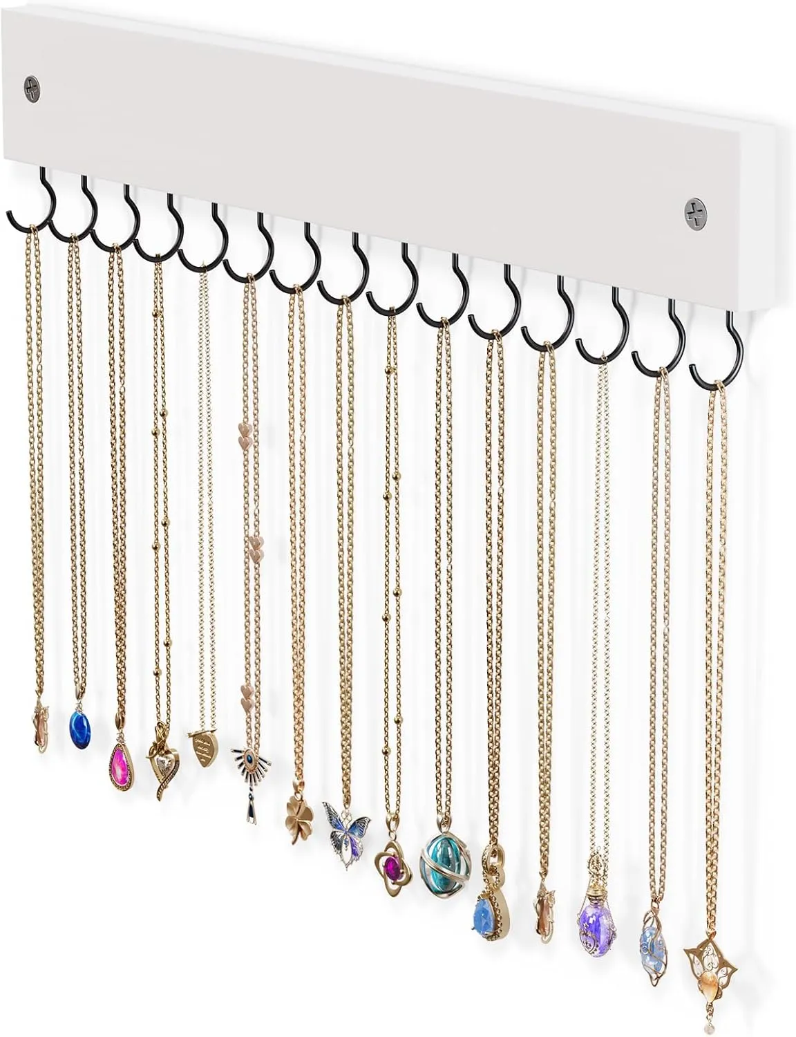 Lolalet Wooden Necklace Holder for Wall with 15 Hooks, Necklaces Hanger Easy Install Wall Mount Necklace Organizer, Jewelry Hangers for Chains, Bracelets, Earrings -White