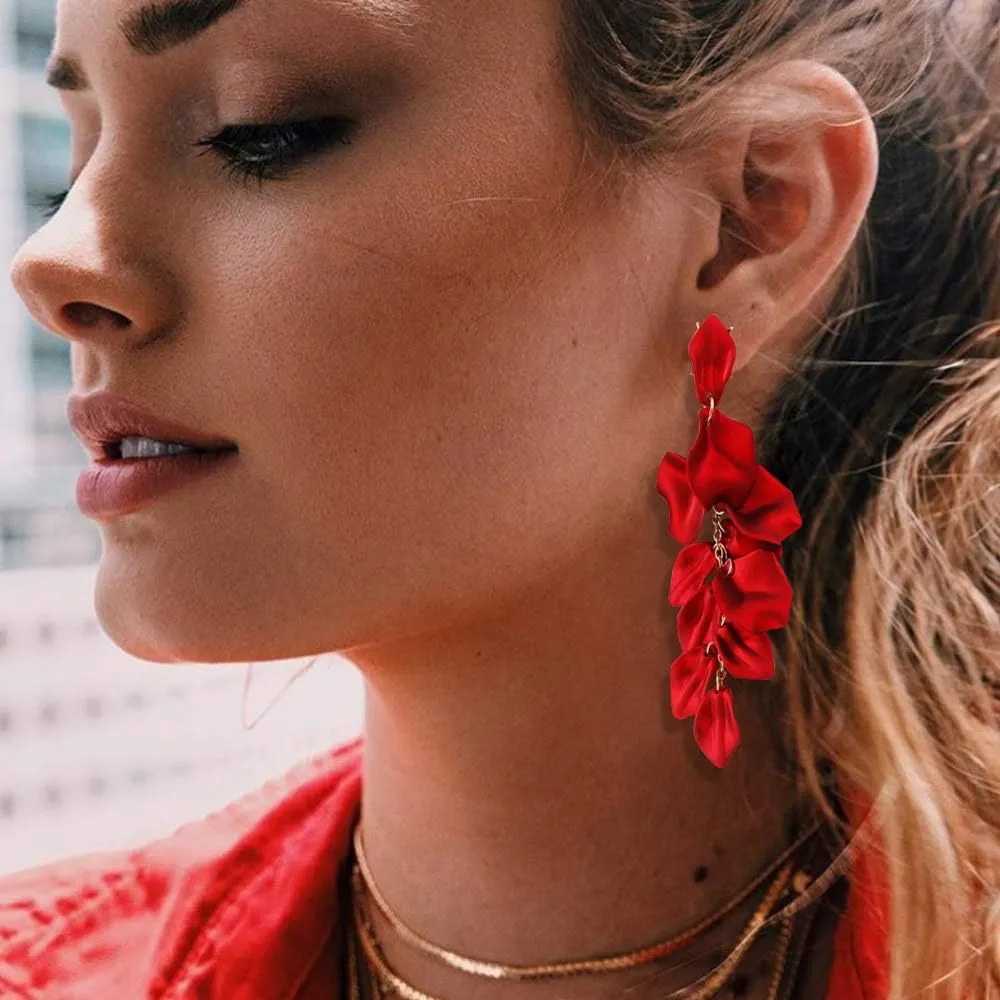 Long Acrylic Rose Petal Earrings Dangle Exaggerated Flower Earrings Drop Statement Floral Tassel Earrings for Women