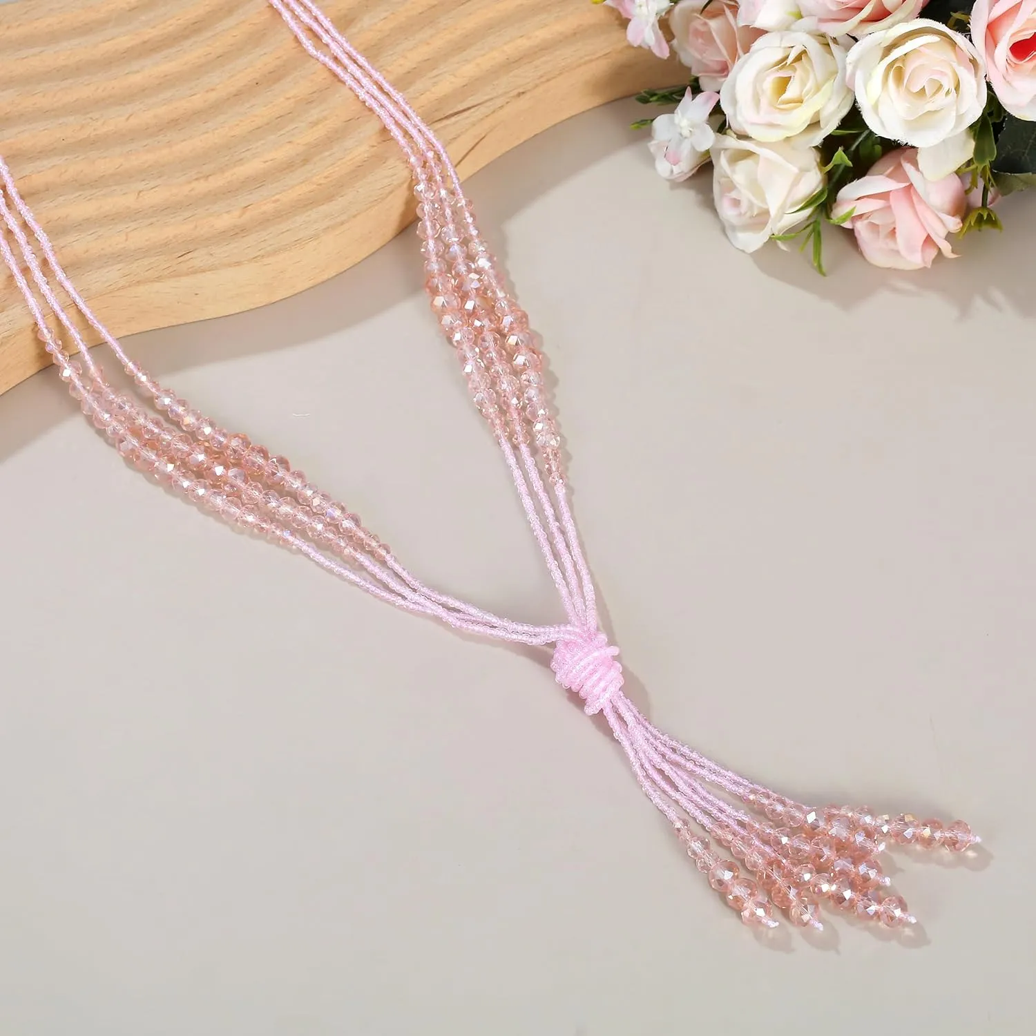 Long Chic Tassel Pendant Y Necklace Crystal Beads Lariat Knot Strand Necklace Sweater Chain Jewelry Gift for Women