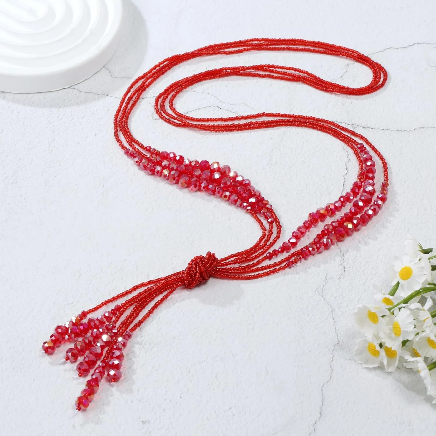 Long Chic Tassel Pendant Y Necklace Crystal Beads Lariat Knot Strand Necklace Sweater Chain Jewelry Gift for Women