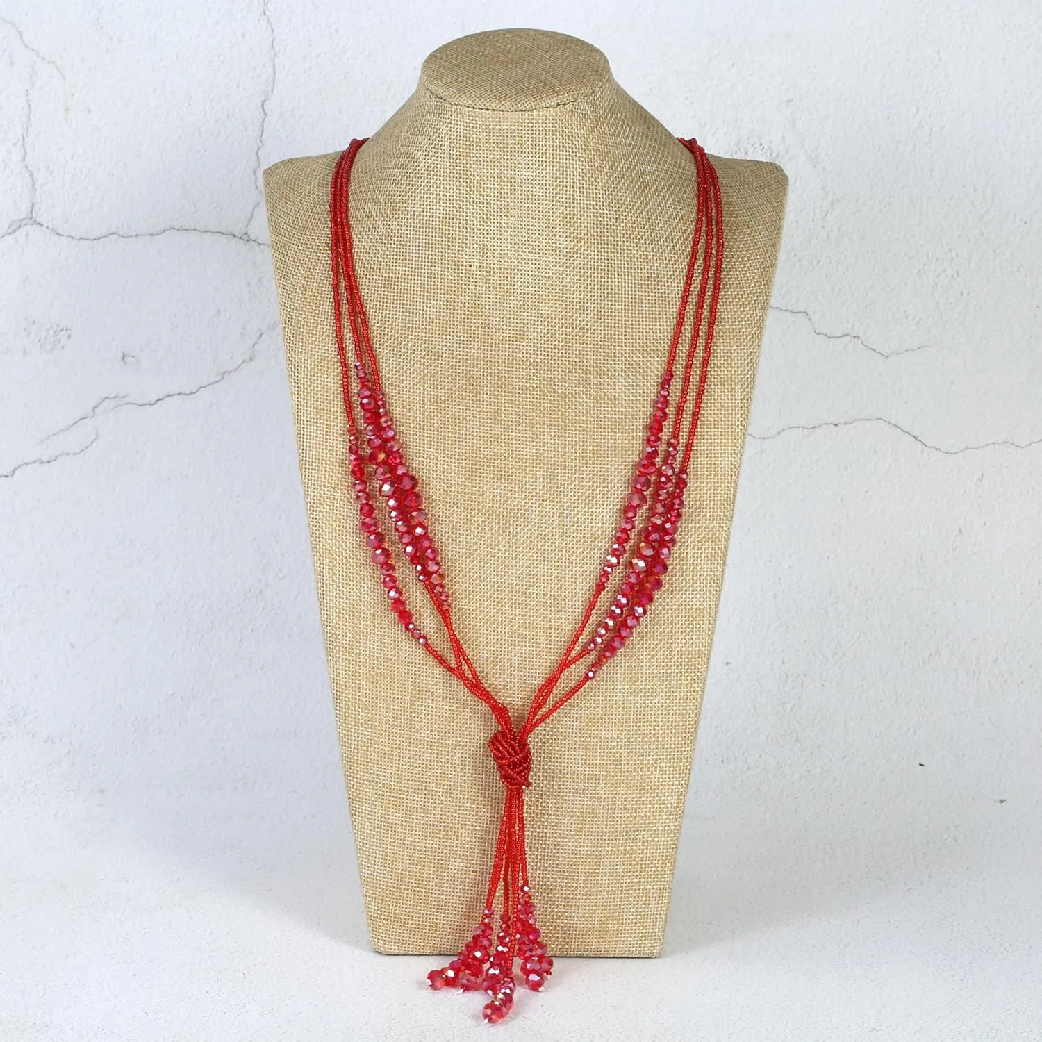 Long Chic Tassel Pendant Y Necklace Crystal Beads Lariat Knot Strand Necklace Sweater Chain Jewelry Gift for Women