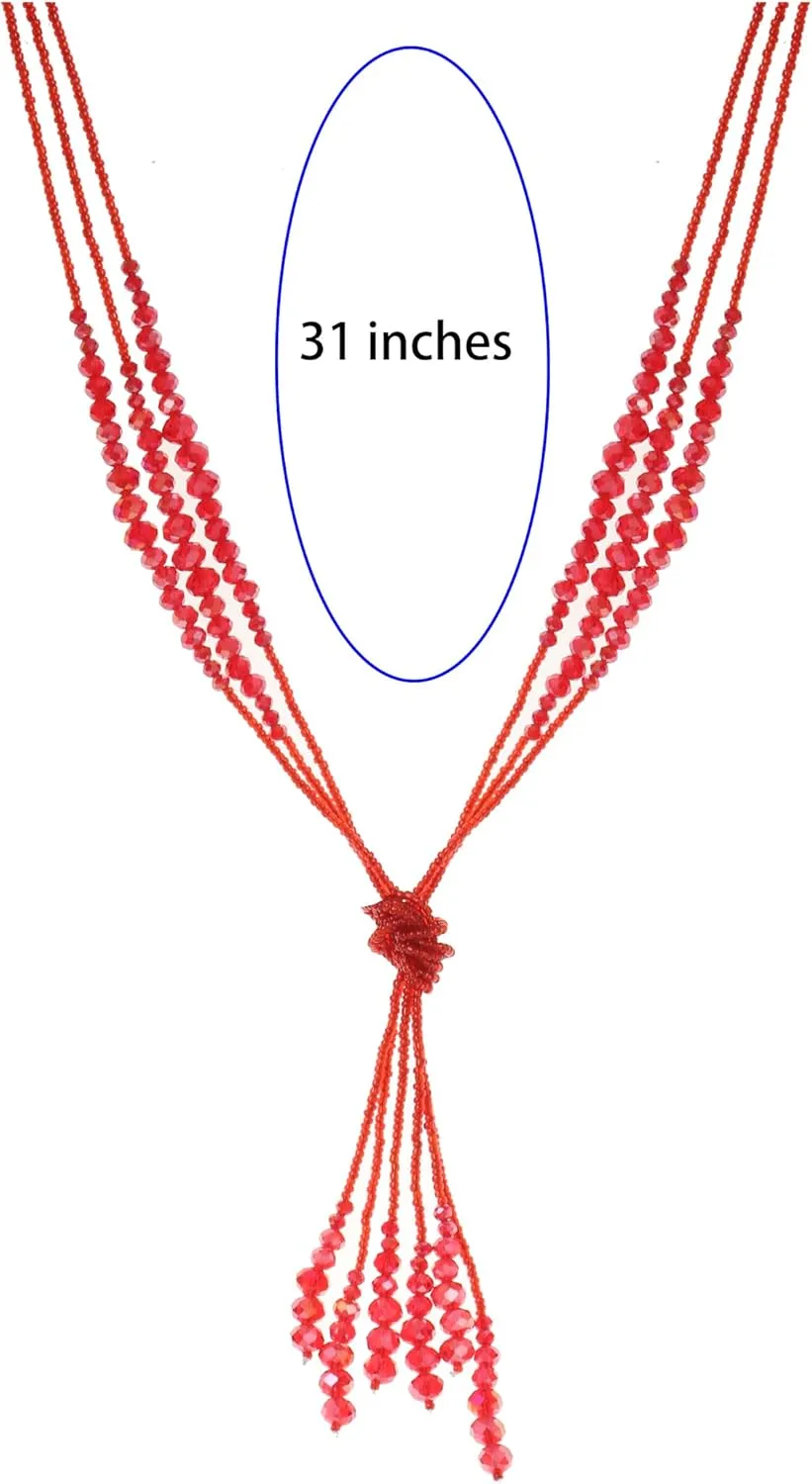 Long Chic Tassel Pendant Y Necklace Crystal Beads Lariat Knot Strand Necklace Sweater Chain Jewelry Gift for Women