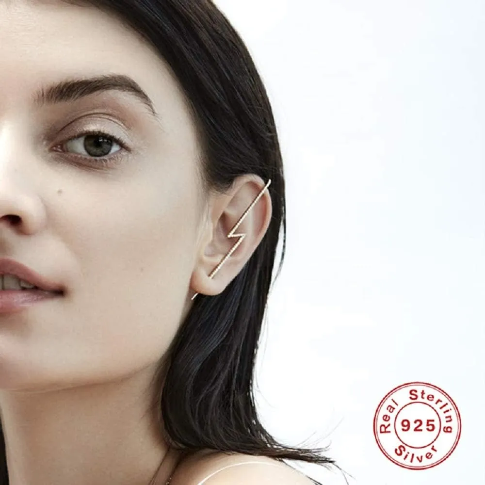 Long Lightning Bolt Ear Cuff Wrap Hook CZ Crawler Climber 925 Sterling Silver Cartilage Earrings for Women Teen Fashion Personalized Punk Unique Crystal Piercing Jewelry Gifts