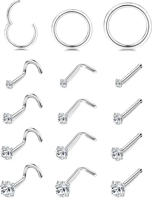 LOYALLOOK 15Pcs 20G 18G Nose Rings Studs 316L Surgical Steel Gold Nose Rings for Women Men Hypoallergenic Hinged Seamless Clicker Segment Nose Rings Hoops 6mm 8mm 10mm Helix Cartilage Tragus Conch Hoop Earrings 1.5mm-3mm Clear CZ