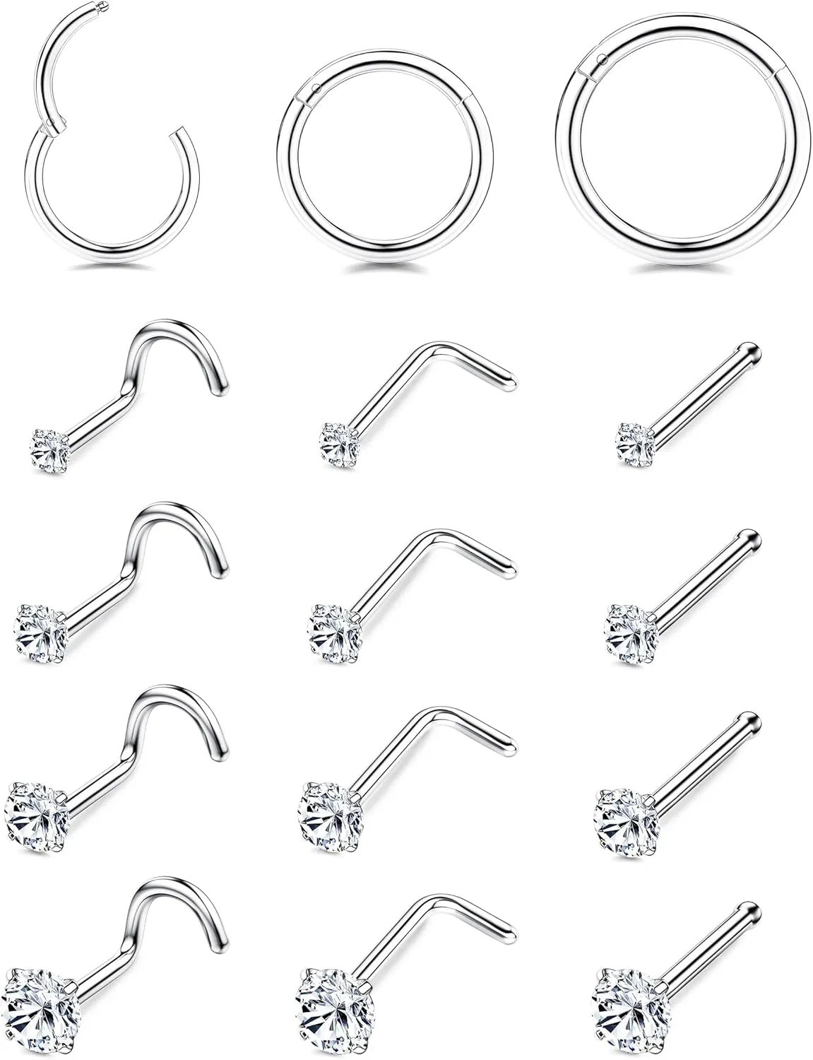 LOYALLOOK 15Pcs 20G 18G Nose Rings Studs 316L Surgical Steel Gold Nose Rings for Women Men Hypoallergenic Hinged Seamless Clicker Segment Nose Rings Hoops 6mm 8mm 10mm Helix Cartilage Tragus Conch Hoop Earrings 1.5mm-3mm Clear CZ