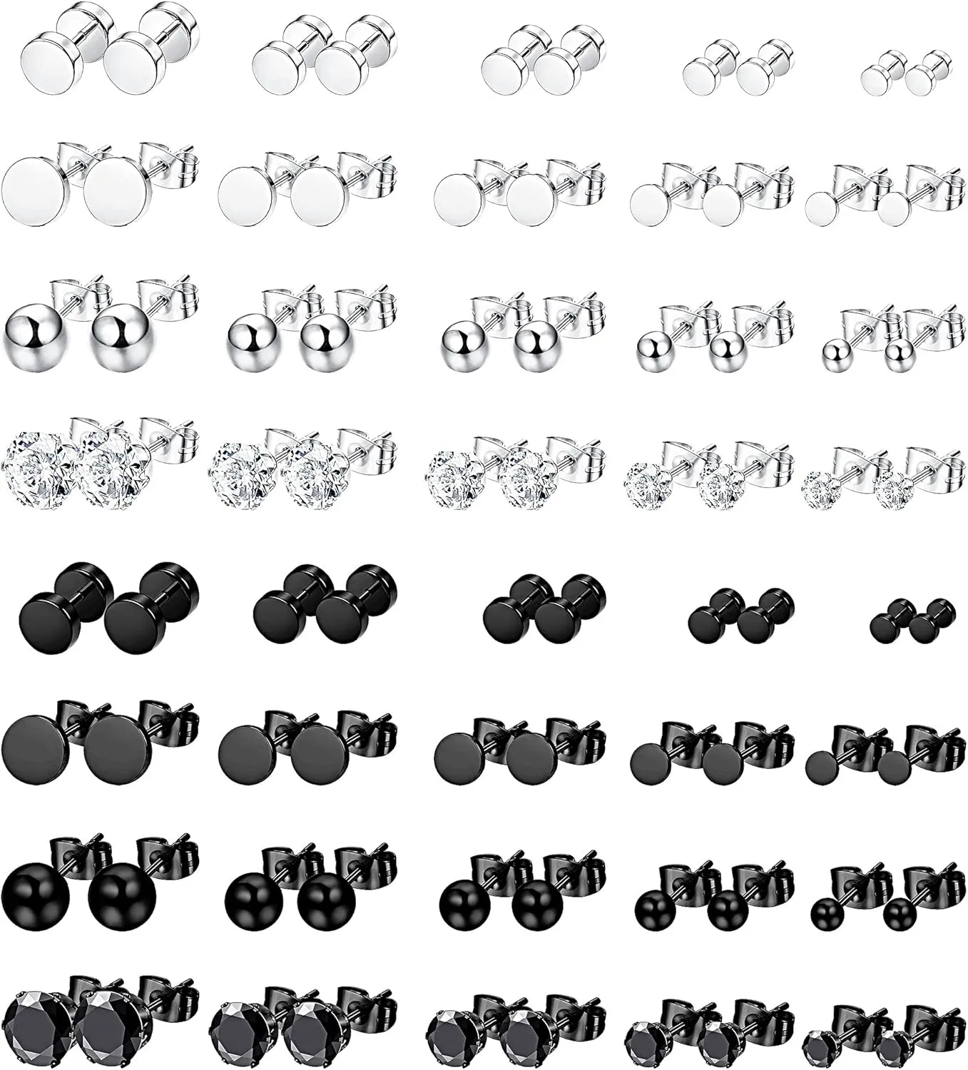 LOYALLOOK 40Pairs Silver Black Tone Stainless Steel Stud Earring for Men Women CZ Round Ball Earring Piercing Set,2-6mm