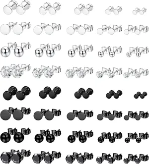 LOYALLOOK 40Pairs Silver Black Tone Stainless Steel Stud Earring for Men Women CZ Round Ball Earring Piercing Set,2-6mm
