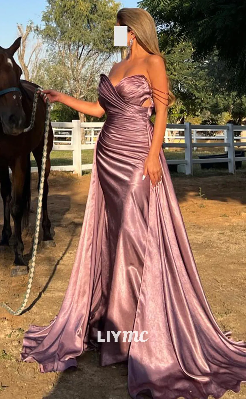 Classic Long Prom Dress with V-Neck, Sleeveless Design and Pleated Ruched Detailing in Luxurious Satin - LP1370