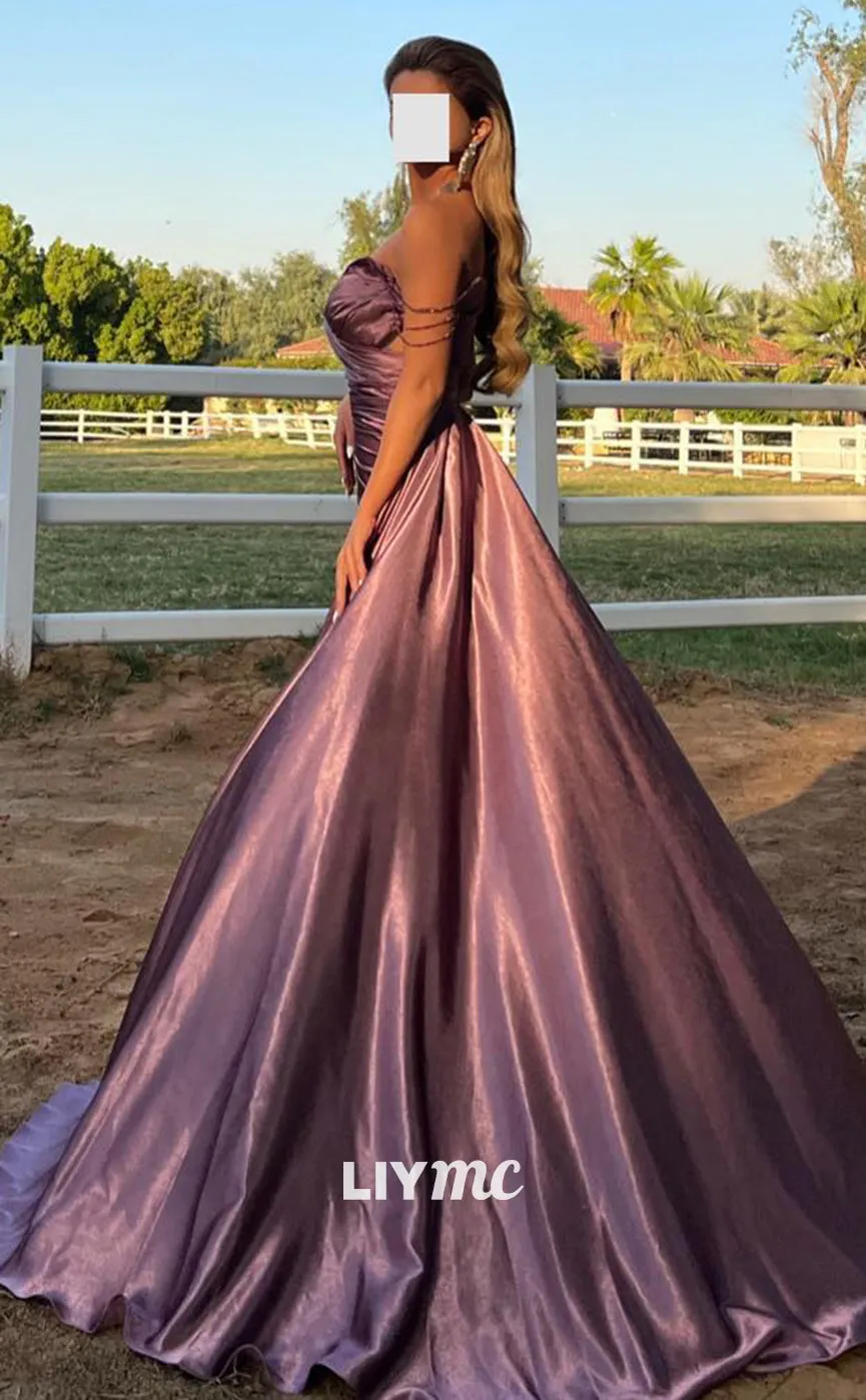 Classic Long Prom Dress with V-Neck, Sleeveless Design and Pleated Ruched Detailing in Luxurious Satin - LP1370