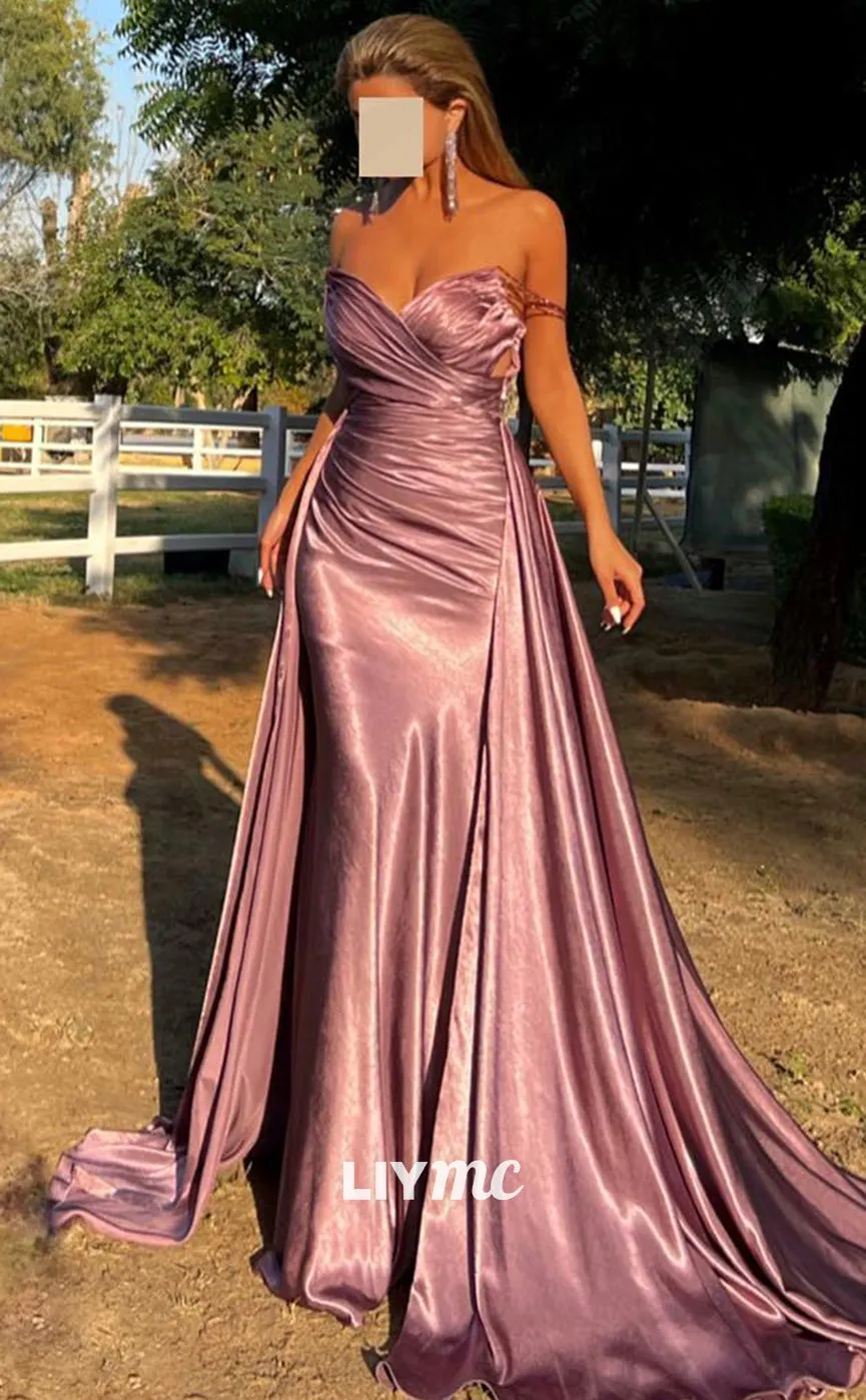 Classic Long Prom Dress with V-Neck, Sleeveless Design and Pleated Ruched Detailing in Luxurious Satin - LP1370