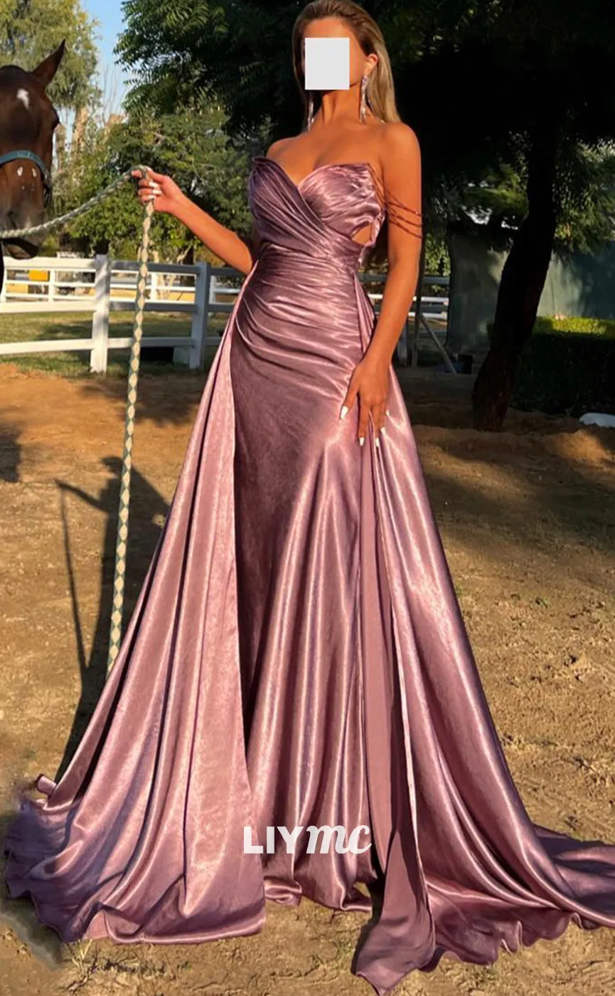 Classic Long Prom Dress with V-Neck, Sleeveless Design and Pleated Ruched Detailing in Luxurious Satin - LP1370