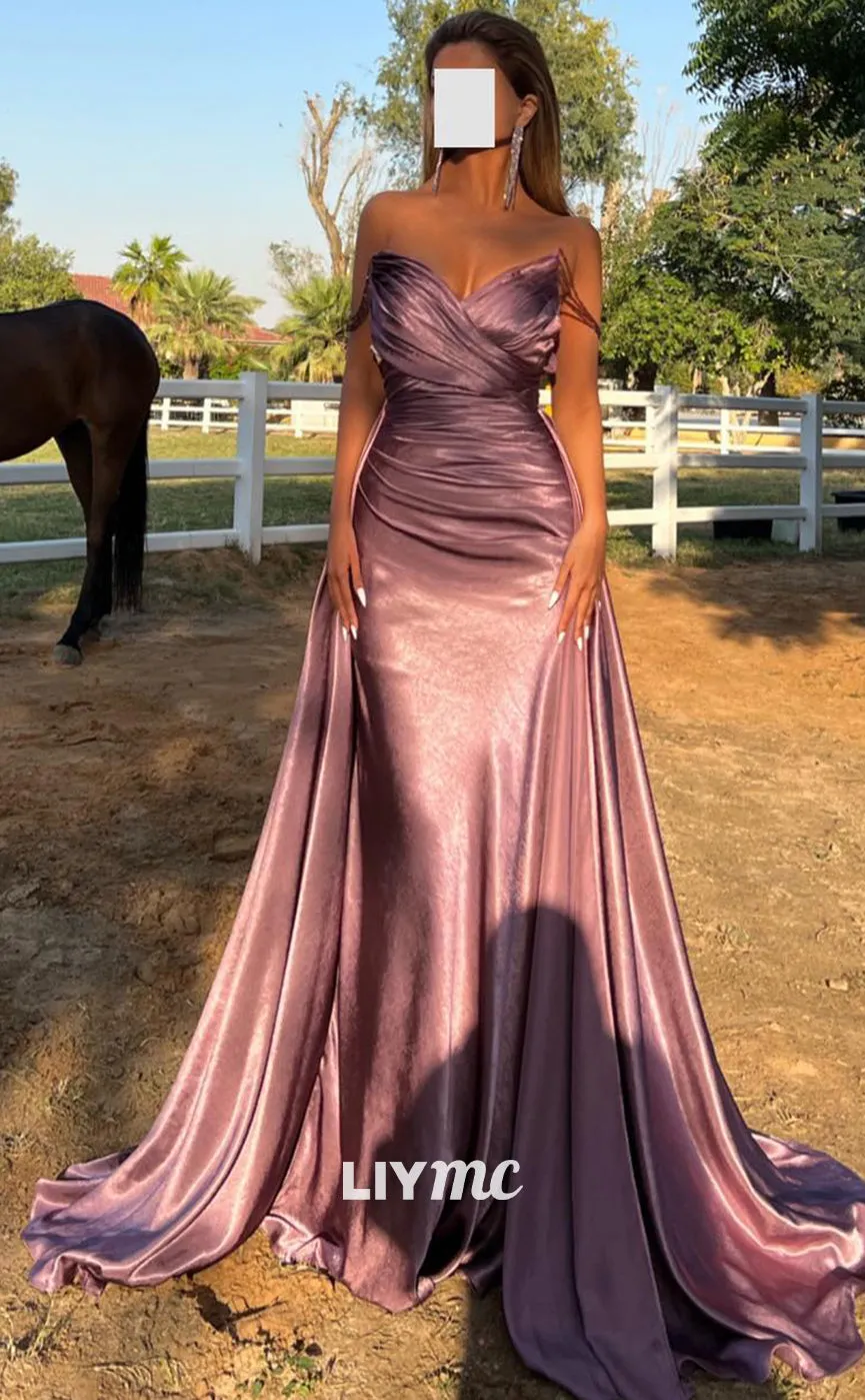 Classic Long Prom Dress with V-Neck, Sleeveless Design and Pleated Ruched Detailing in Luxurious Satin - LP1370