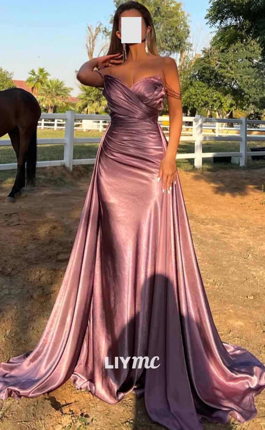 Classic Long Prom Dress with V-Neck, Sleeveless Design and Pleated Ruched Detailing in Luxurious Satin - LP1370