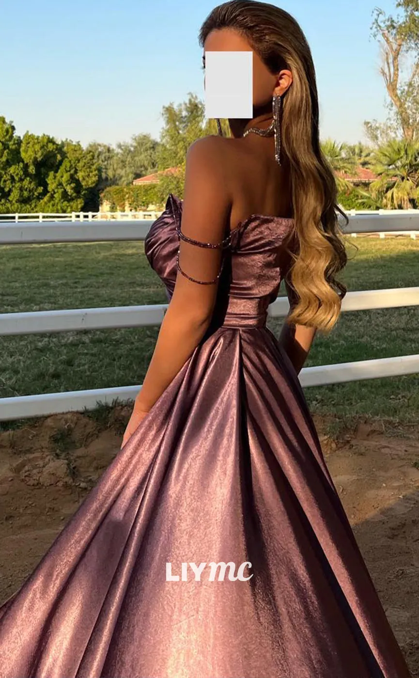 Classic Long Prom Dress with V-Neck, Sleeveless Design and Pleated Ruched Detailing in Luxurious Satin - LP1370