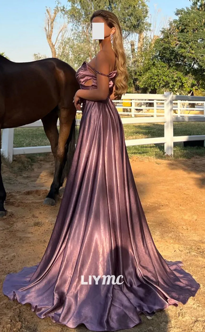 Classic Long Prom Dress with V-Neck, Sleeveless Design and Pleated Ruched Detailing in Luxurious Satin - LP1370