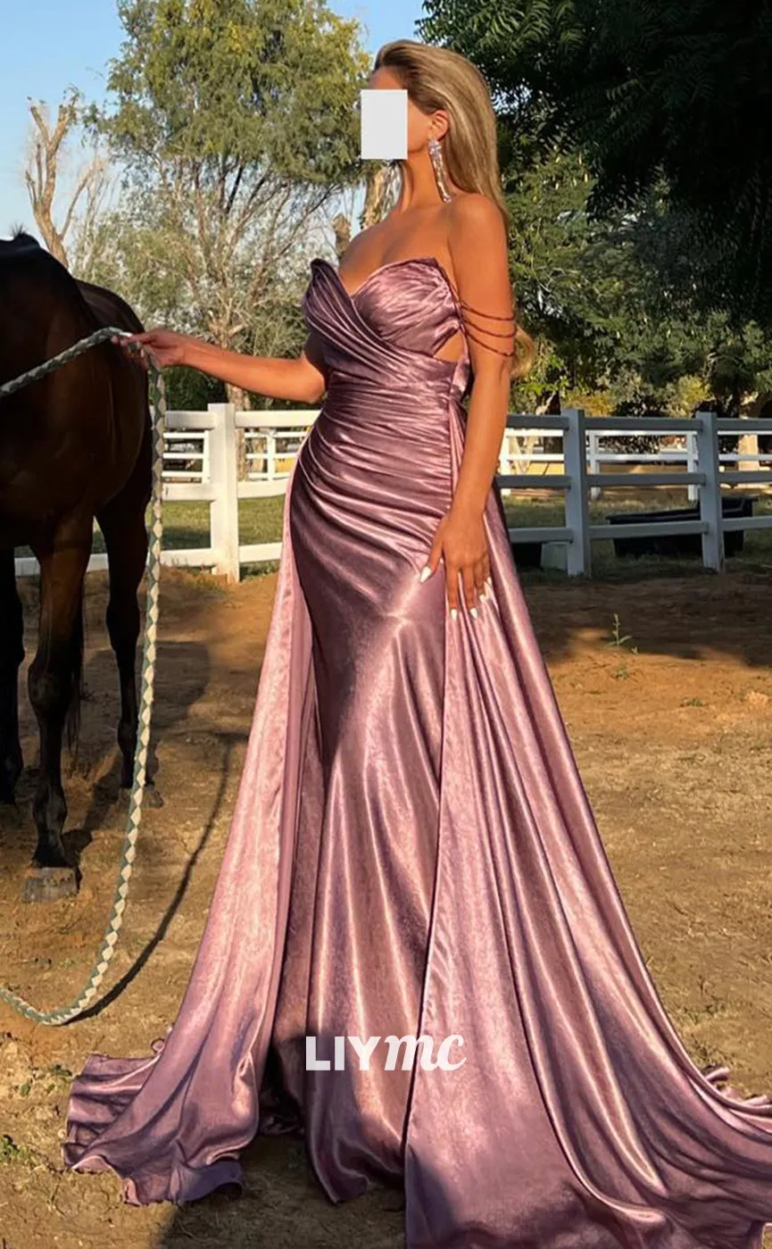 Classic Long Prom Dress with V-Neck, Sleeveless Design and Pleated Ruched Detailing in Luxurious Satin - LP1370
