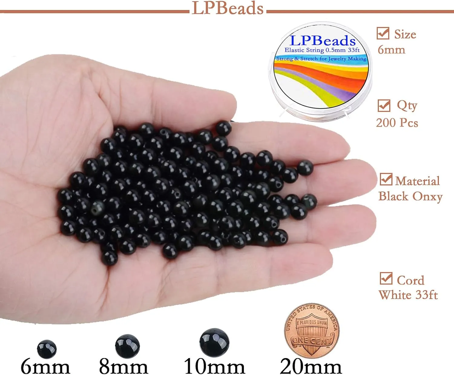 LPBeads 200Pcs Polished 6mm Round Natural Black Onxy Gemstone Loose Beads with Stretch Cord for Jewelry Making Bracelets