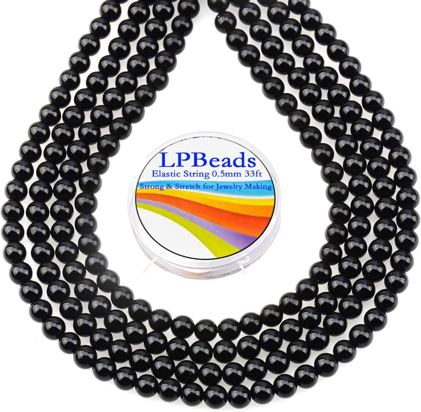 LPBeads 200Pcs Polished 6mm Round Natural Black Onxy Gemstone Loose Beads with Stretch Cord for Jewelry Making Bracelets