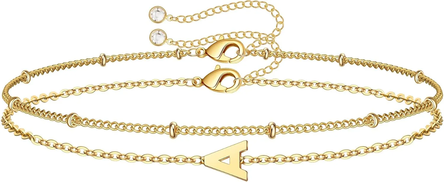M MOOHAM Initial Bracelets for Women - Layered Letter Bracelet Initial A-Z Charm, Dainty Gold/Silver/Rose Gold Jewelry for Women Birthday Gifts Personalized Gold Jewelry Initial Bracelets