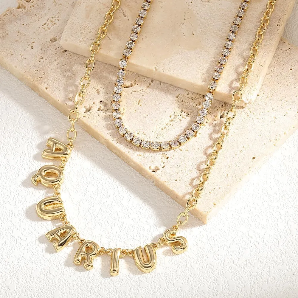 MADISON TYLER Zodiac Bubble Letter Necklace Gold | Rhinestone Necklace for Women | Trendy Layered Necklaces for Women 2024 | Constellation Necklace for Women | Birthday Gifts Astrology Gifts for Women