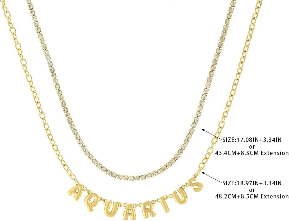 MADISON TYLER Zodiac Bubble Letter Necklace Gold | Rhinestone Necklace for Women | Trendy Layered Necklaces for Women 2024 | Constellation Necklace for Women | Birthday Gifts Astrology Gifts for Women