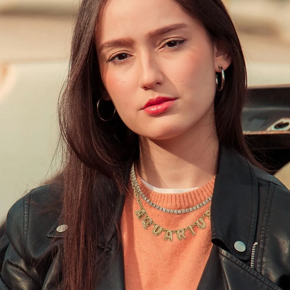 MADISON TYLER Zodiac Bubble Letter Necklace Gold | Rhinestone Necklace for Women | Trendy Layered Necklaces for Women 2024 | Constellation Necklace for Women | Birthday Gifts Astrology Gifts for Women