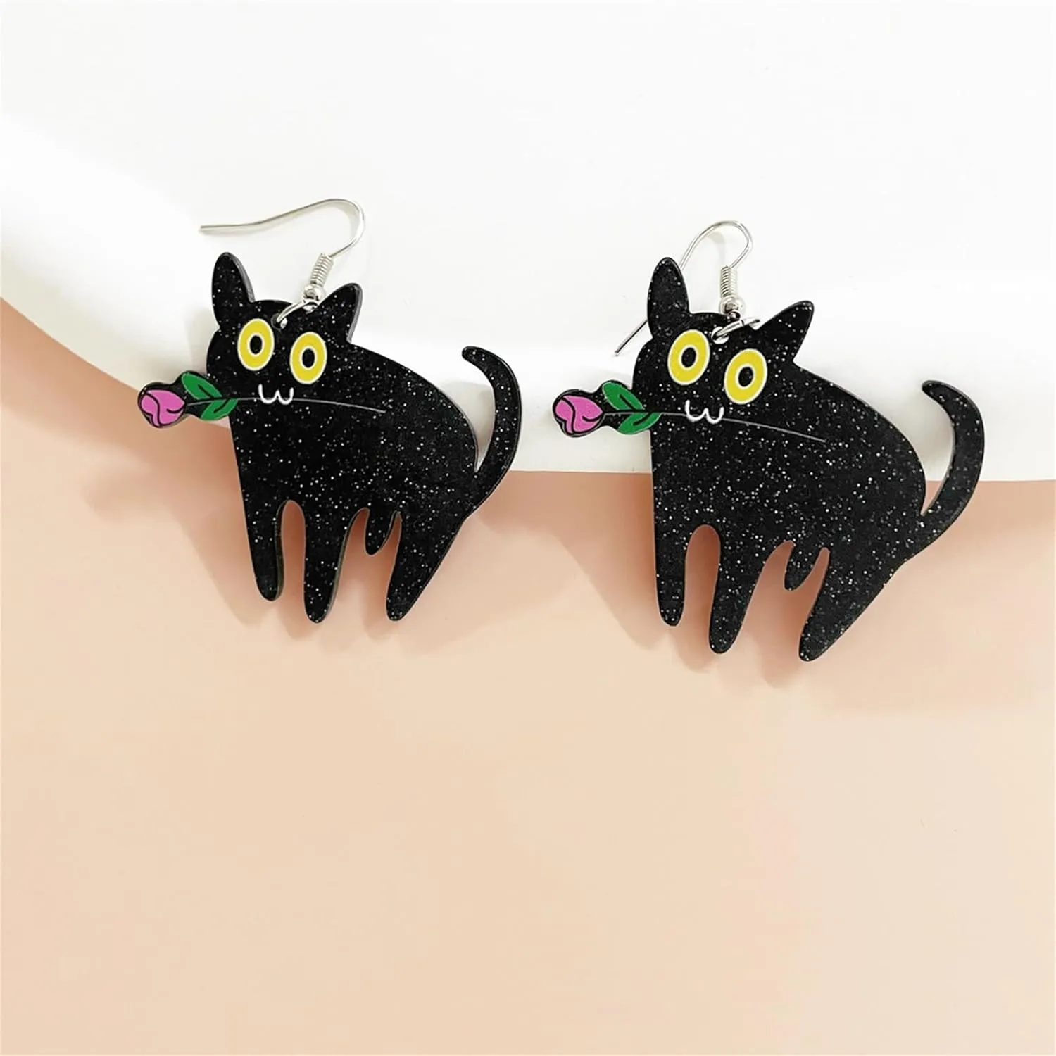 MALOYANVE Black Cat with Rose Earrings Cute Acrylic Handmade Animal Plant Lightweight Statement Dangle Hook Earrings Valentine's Day Holiday Jewelry Decorations for Women