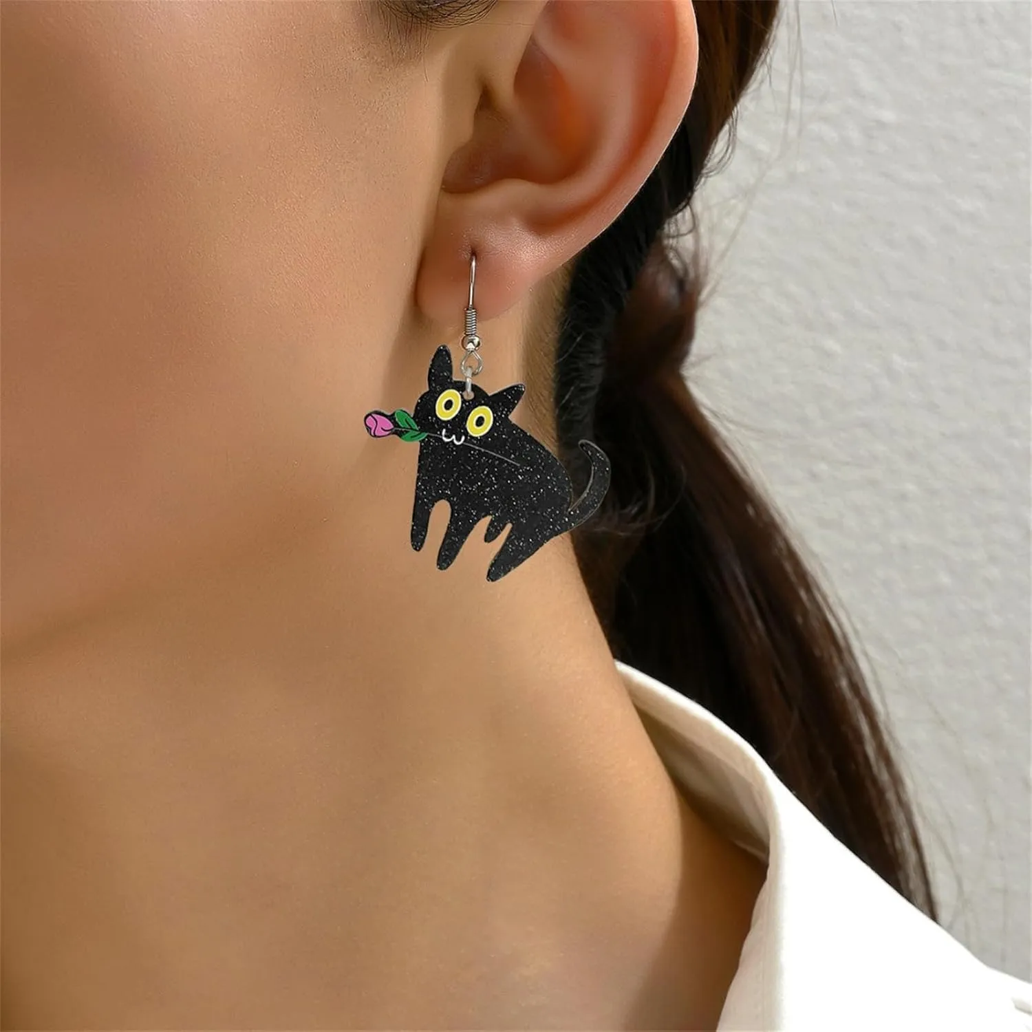 MALOYANVE Black Cat with Rose Earrings Cute Acrylic Handmade Animal Plant Lightweight Statement Dangle Hook Earrings Valentine's Day Holiday Jewelry Decorations for Women