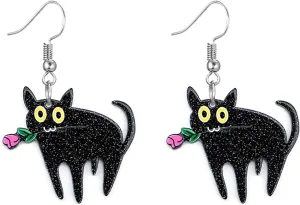 MALOYANVE Black Cat with Rose Earrings Cute Acrylic Handmade Animal Plant Lightweight Statement Dangle Hook Earrings Valentine's Day Holiday Jewelry Decorations for Women