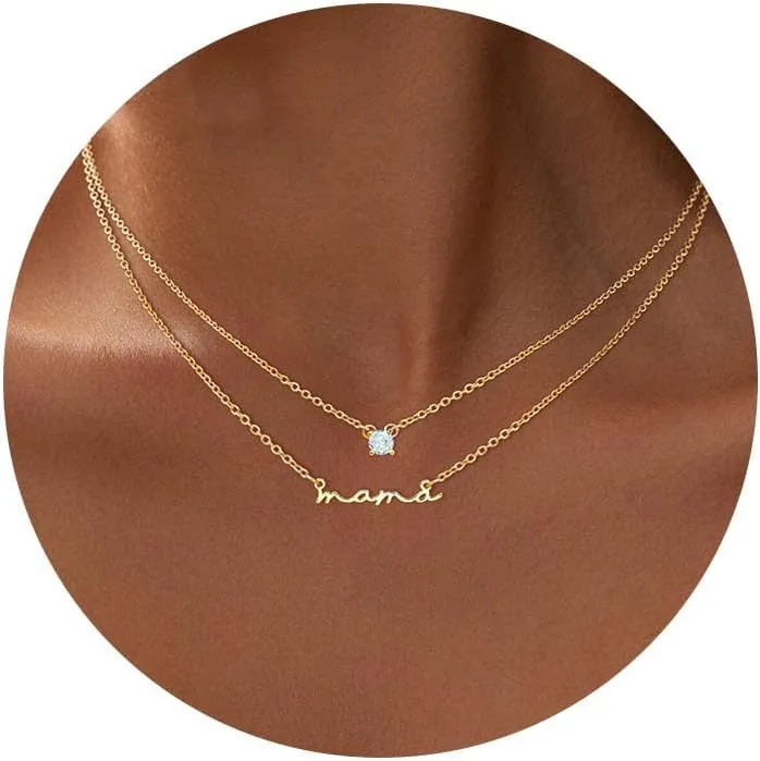 Mama Necklaces for Women Trendy, Dainty Gold Mom Necklace 14k Gold Plated CZ Layered Mama Pendant Choker Necklace Cute Mother Necklaces First Mothers Day Gifts for New Mom Birthday Jewelry Gifts