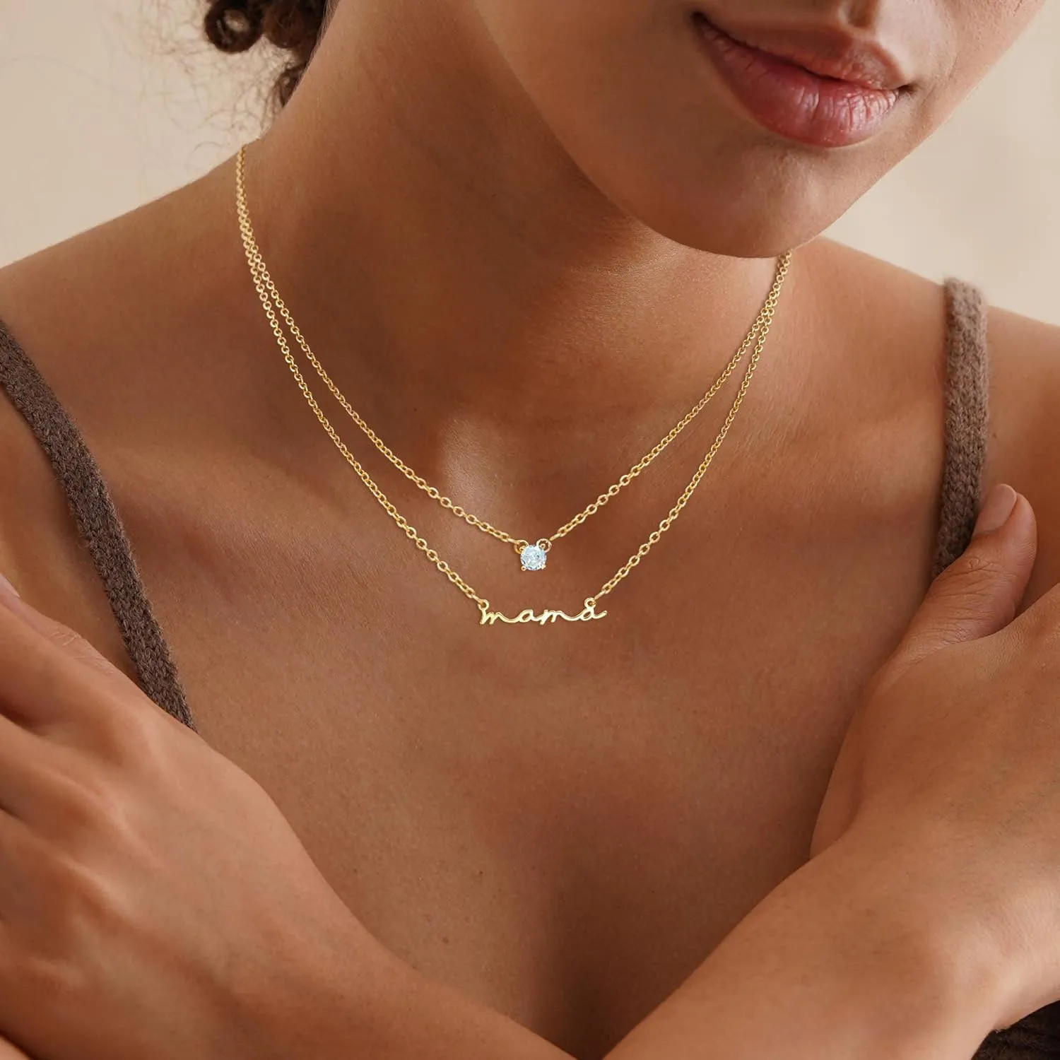 Mama Necklaces for Women Trendy, Dainty Gold Mom Necklace 14k Gold Plated CZ Layered Mama Pendant Choker Necklace Cute Mother Necklaces First Mothers Day Gifts for New Mom Birthday Jewelry Gifts