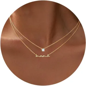 Mama Necklaces for Women Trendy, Dainty Gold Mom Necklace 14k Gold Plated CZ Layered Mama Pendant Choker Necklace Cute Mother Necklaces First Mothers Day Gifts for New Mom Birthday Jewelry Gifts