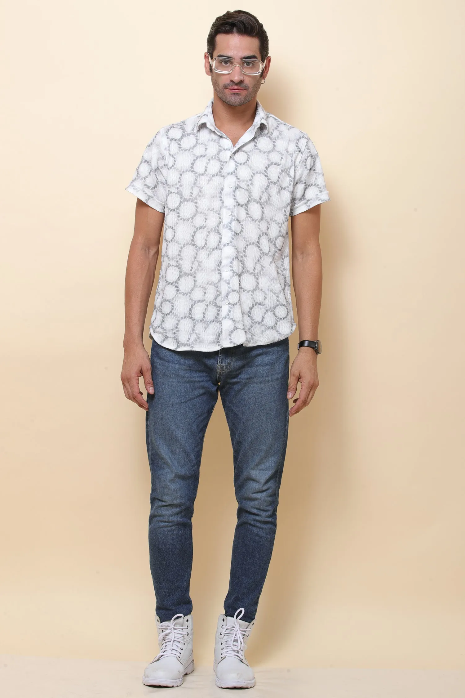 Mash Imported Knitting White & Green Half Sleeve Shirt for Men