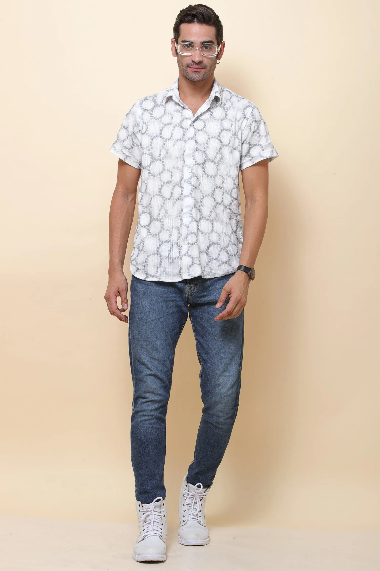Mash Imported Knitting White & Green Half Sleeve Shirt for Men