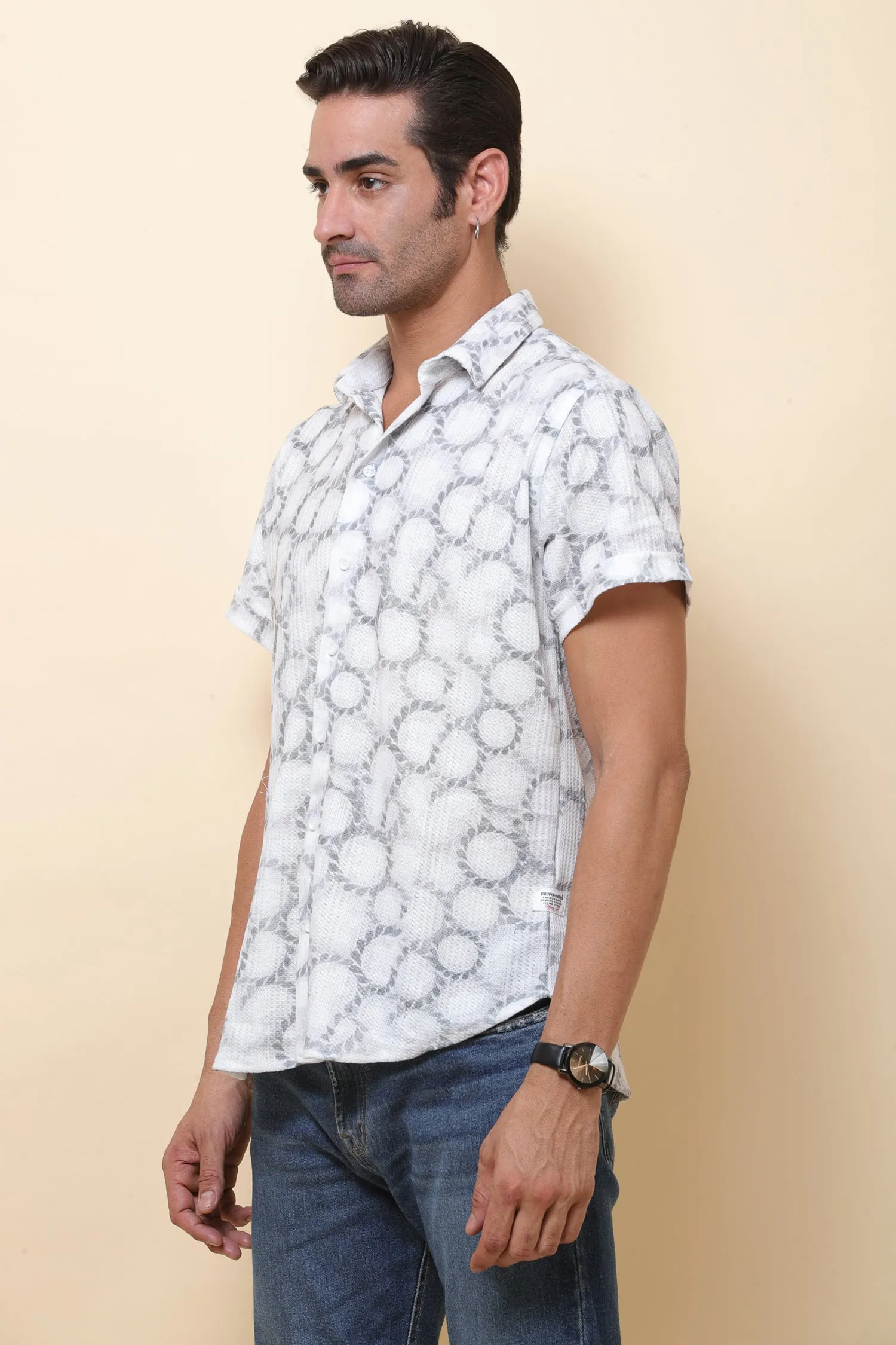 Mash Imported Knitting White & Green Half Sleeve Shirt for Men