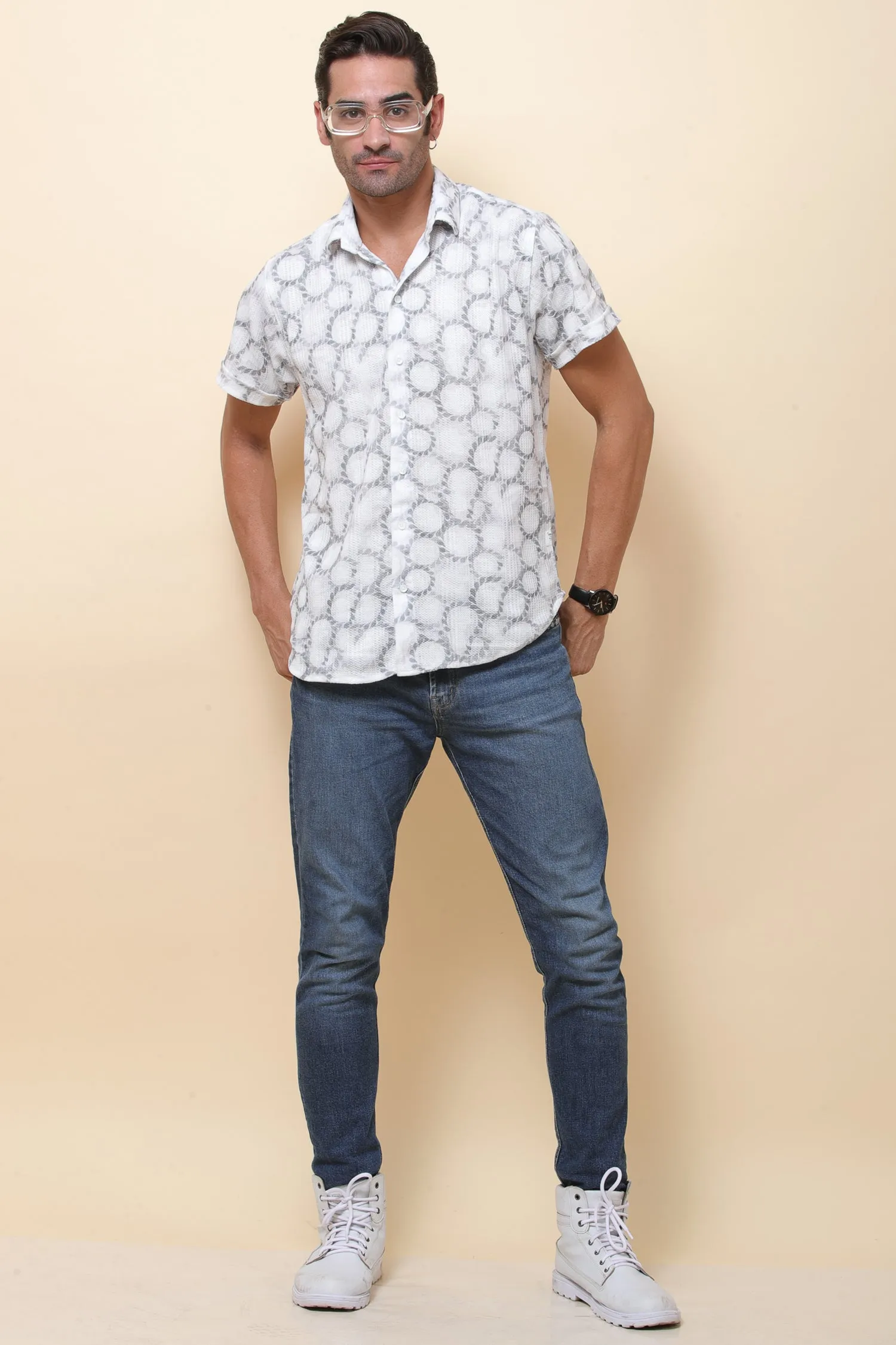 Mash Imported Knitting White & Green Half Sleeve Shirt for Men