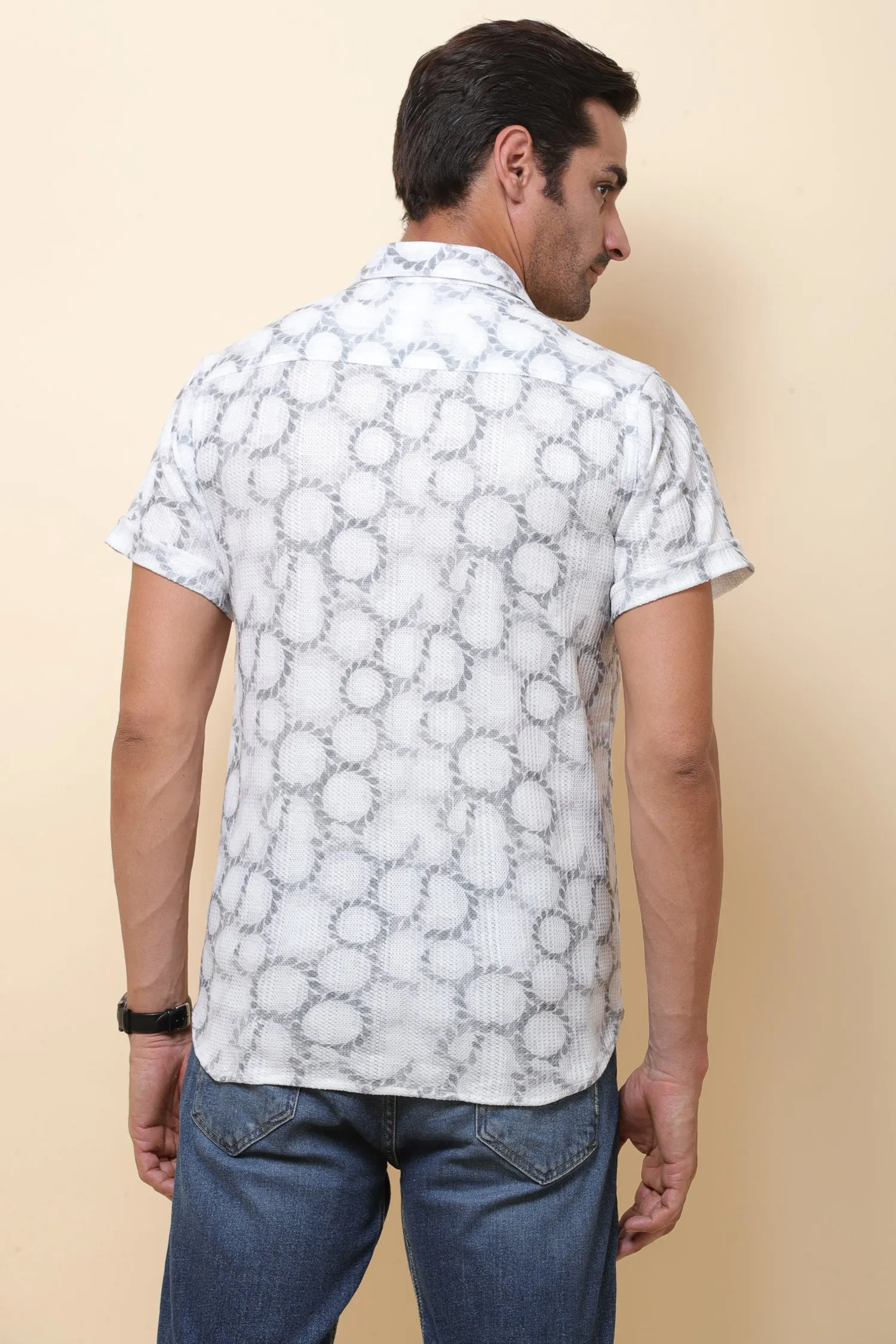 Mash Imported Knitting White & Green Half Sleeve Shirt for Men