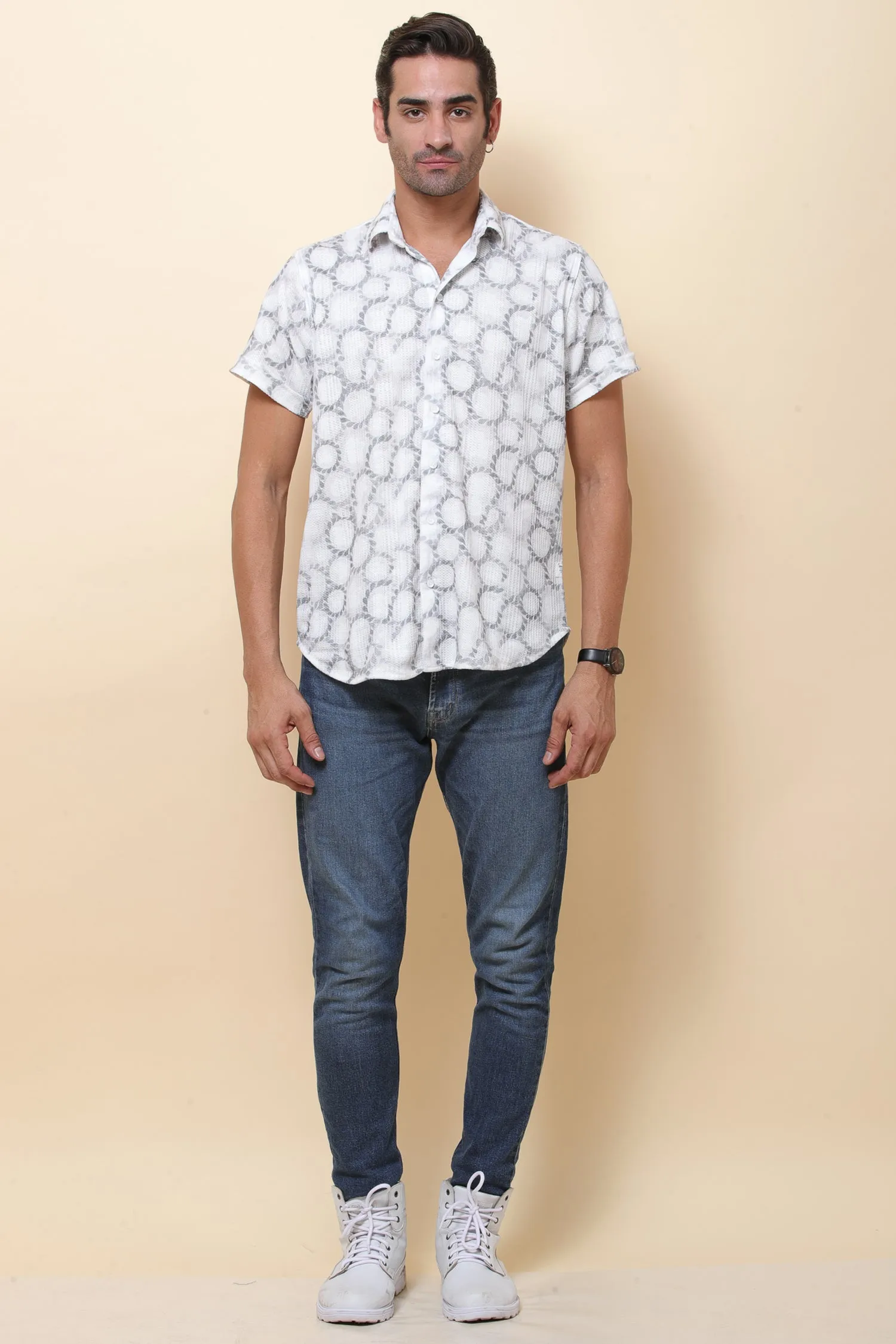 Mash Imported Knitting White & Green Half Sleeve Shirt for Men