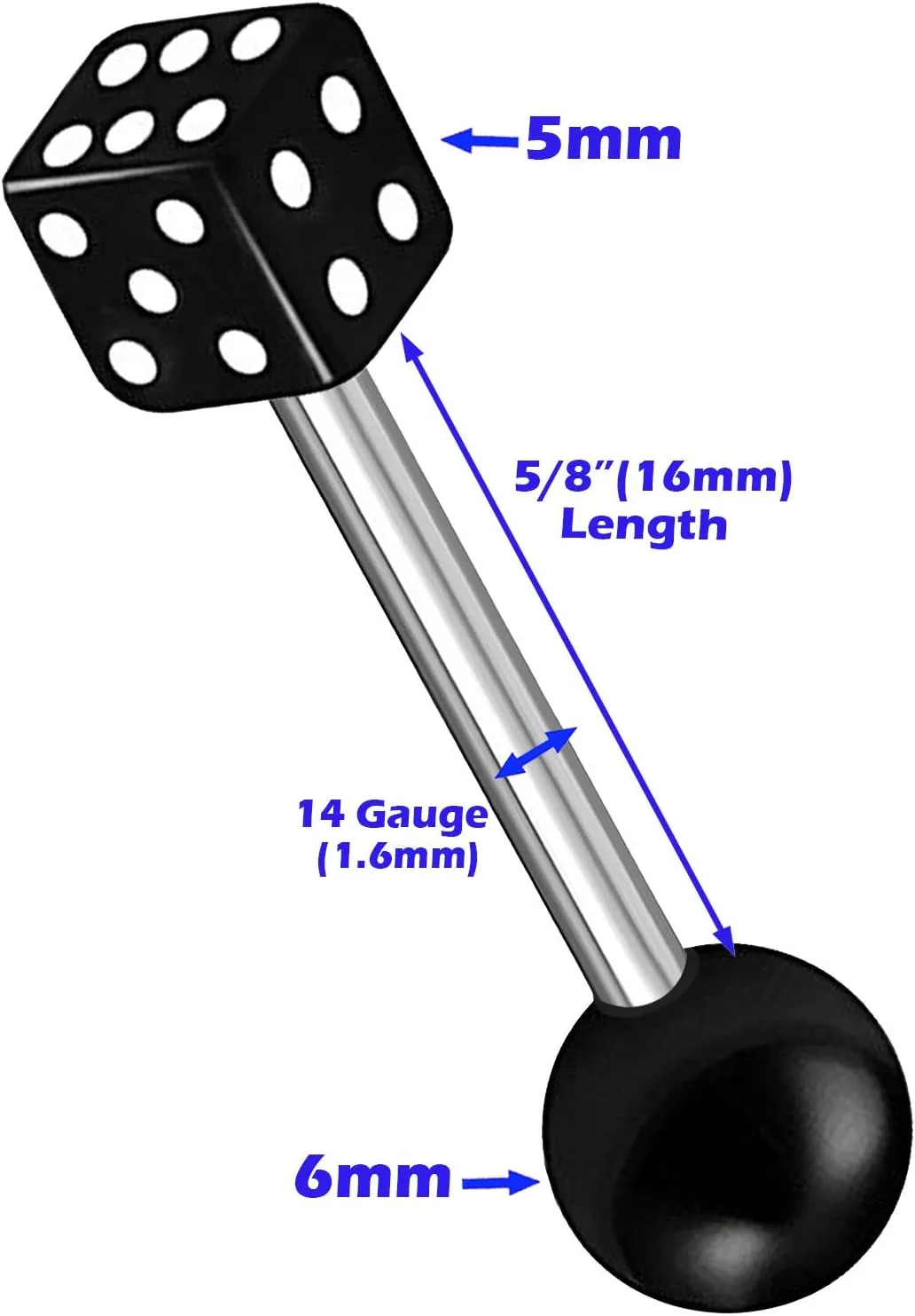 MATIGA 6Pcs Bioflex Surgical Steel 14 gauge 5/8 16mm Barbell Tongue Rings Piercing Jewelry Nipple Acrylic Ball Dice More Choices