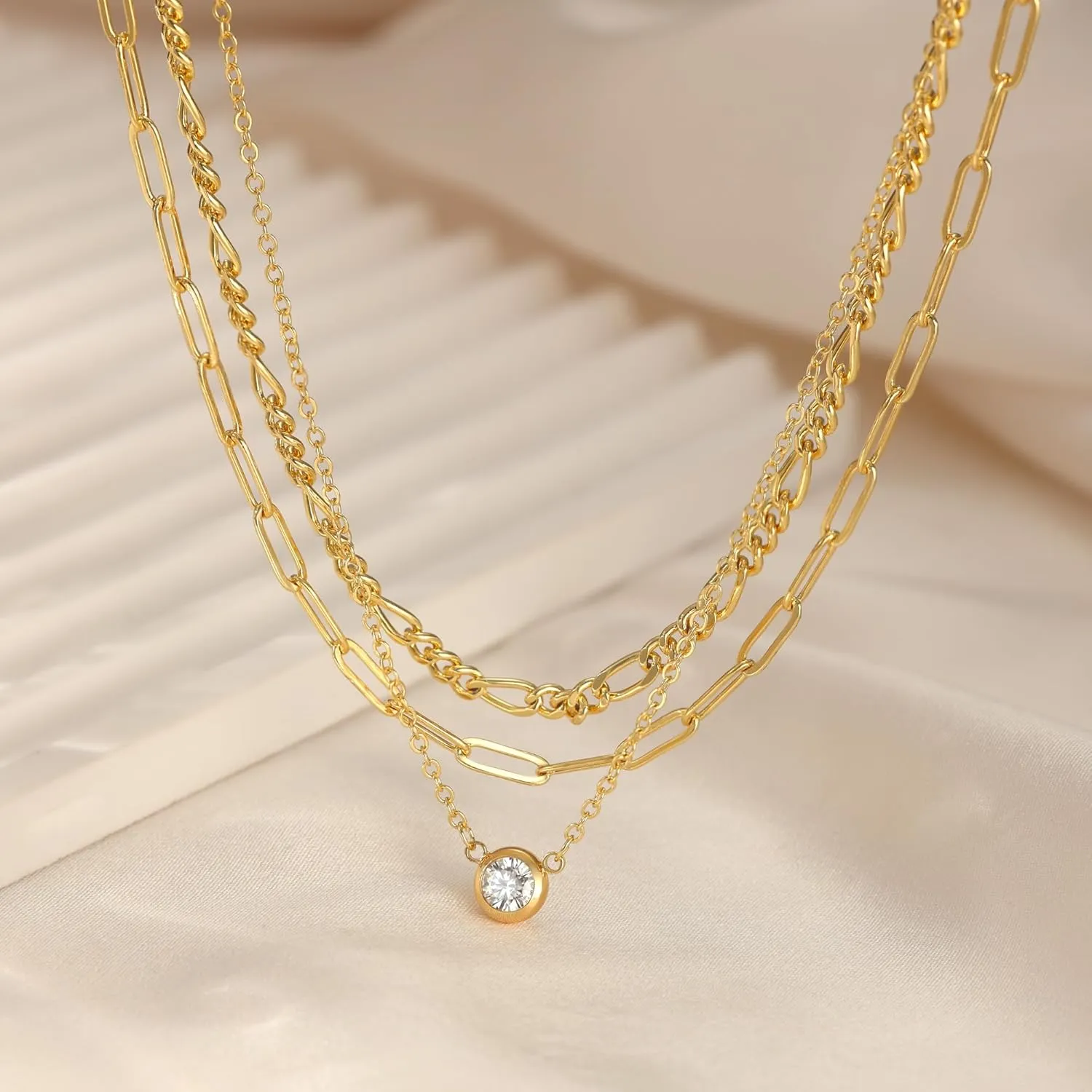 MBW Gold Layered Set Necklaces for Women, Dainty 14K Gold Plated Layered CZ Pendant Necklaces Simple Gold Herringbone Snake Choker Cuban Link Paperclip Chain Necklace Jewelry Sets for Women Girls
